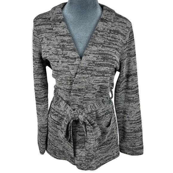 J.Crew Open Front Belted Cardigan Sweater Size Small Black White Pockets Cozy - Picture 1 of 9